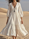 sheenchic Vacation Beige V Neck Puff Sleeve 3/4 Sleeve Ruffle Casual Linen Midi Dresses [Pre-Order]