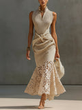 Beige Elegance Knit Lace Hem Bodycon Dress