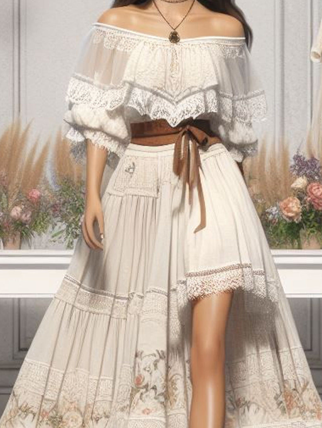 Off Shoulder Puff Sleeve Lace Ruffled Floral Print Maxi Dress