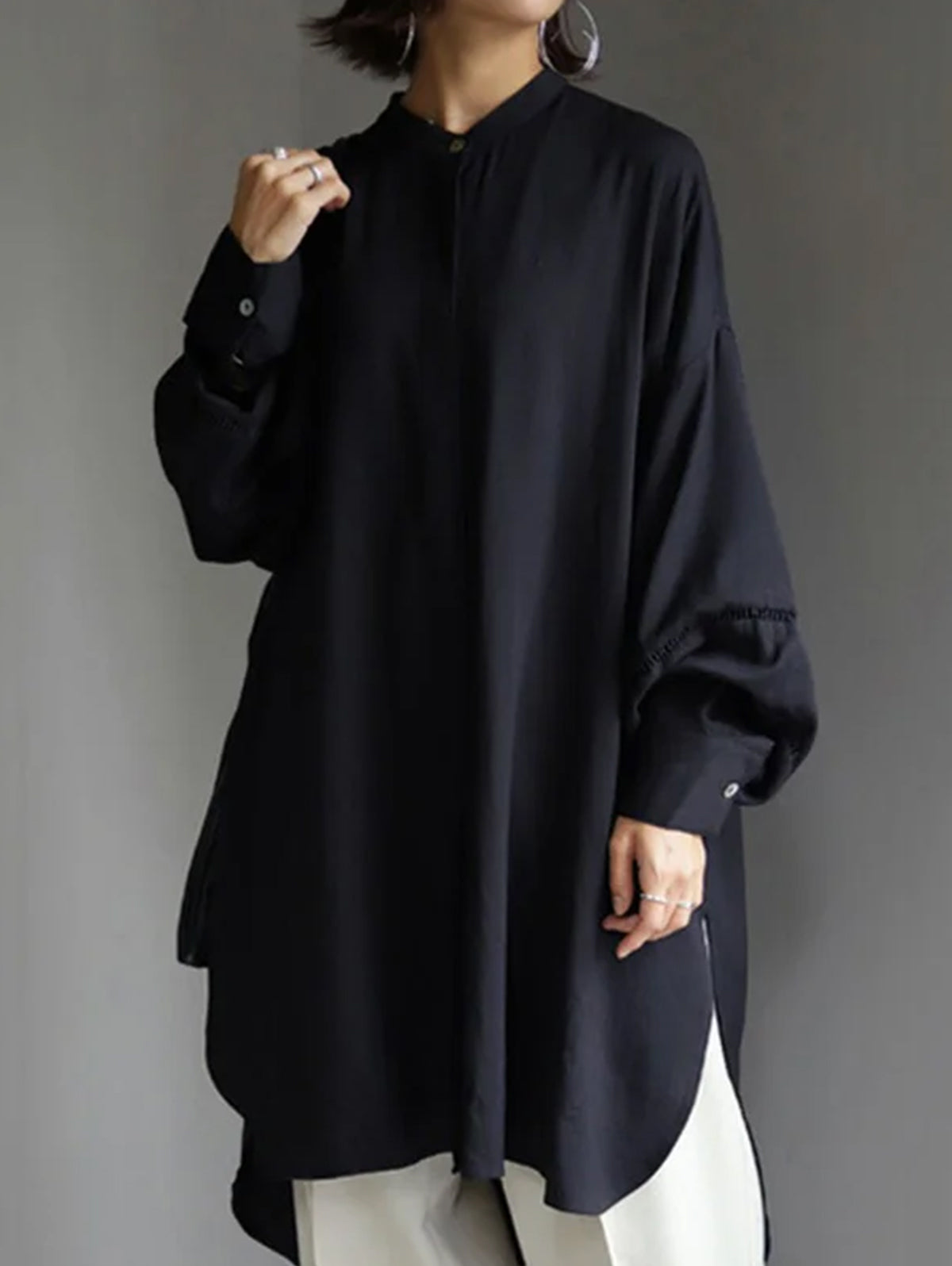 Mock Neck Lantern Sleeve Split Hem Shirt Dress