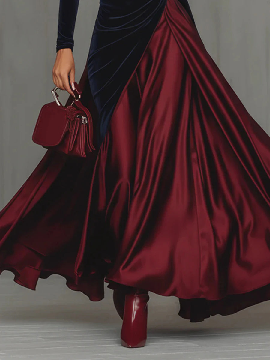 Party Red Colorblock High Collar Long Sleeve Contrast Vintage Velvet Maxi Dresses