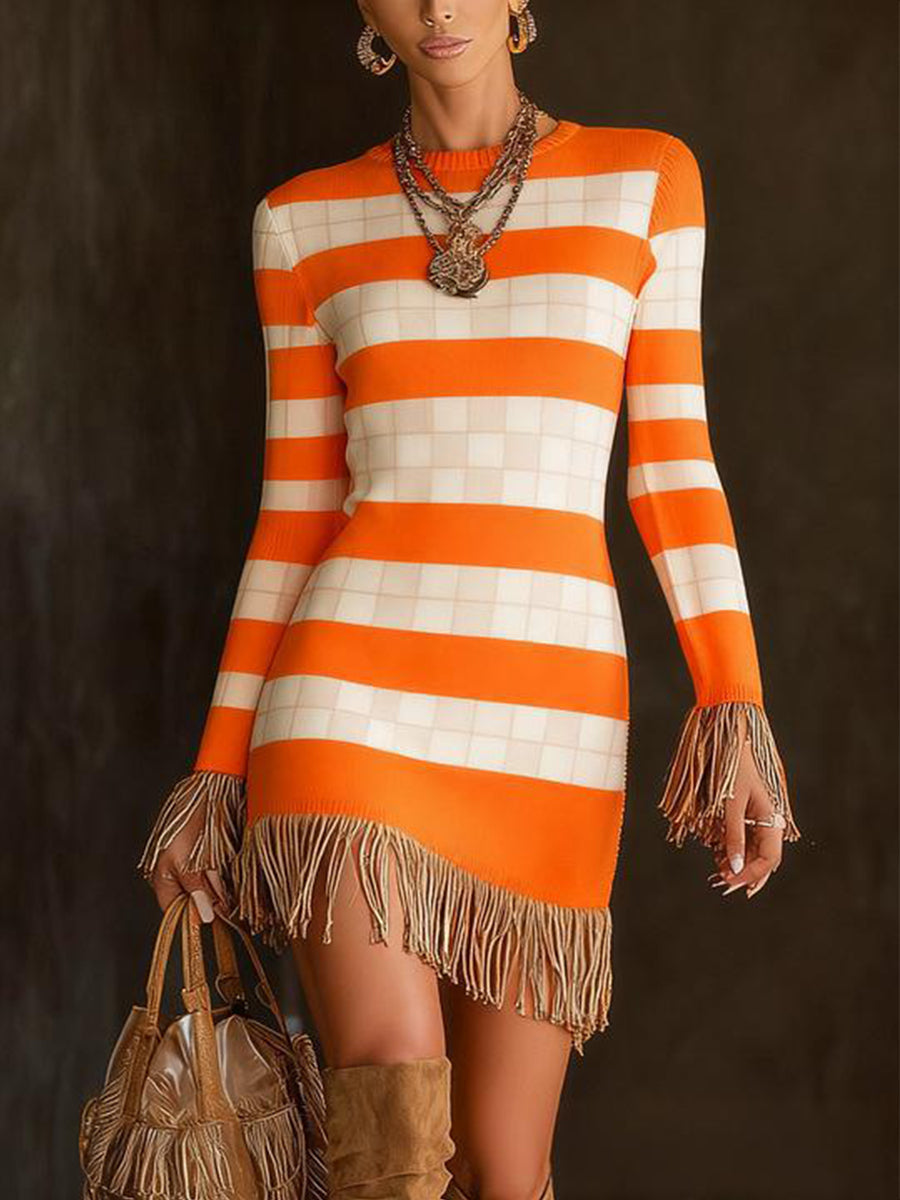 Daily Multicolor All Over Print Round Neck Long Sleeve Strappy Vintage Contrast Mini Dresses