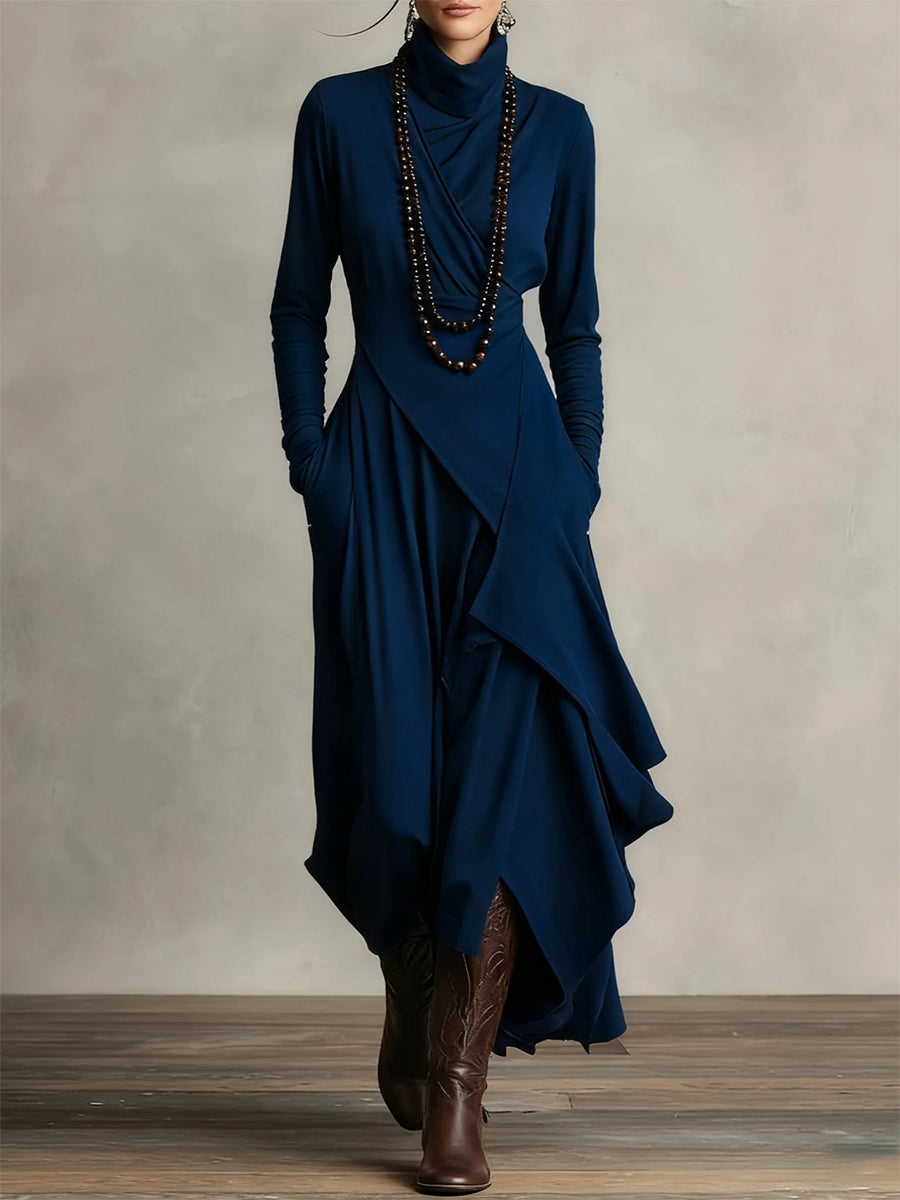 Daily Purple Mock Neck Long Sleeve Pocket Casual Asymmetric Hem Midi Dresses
