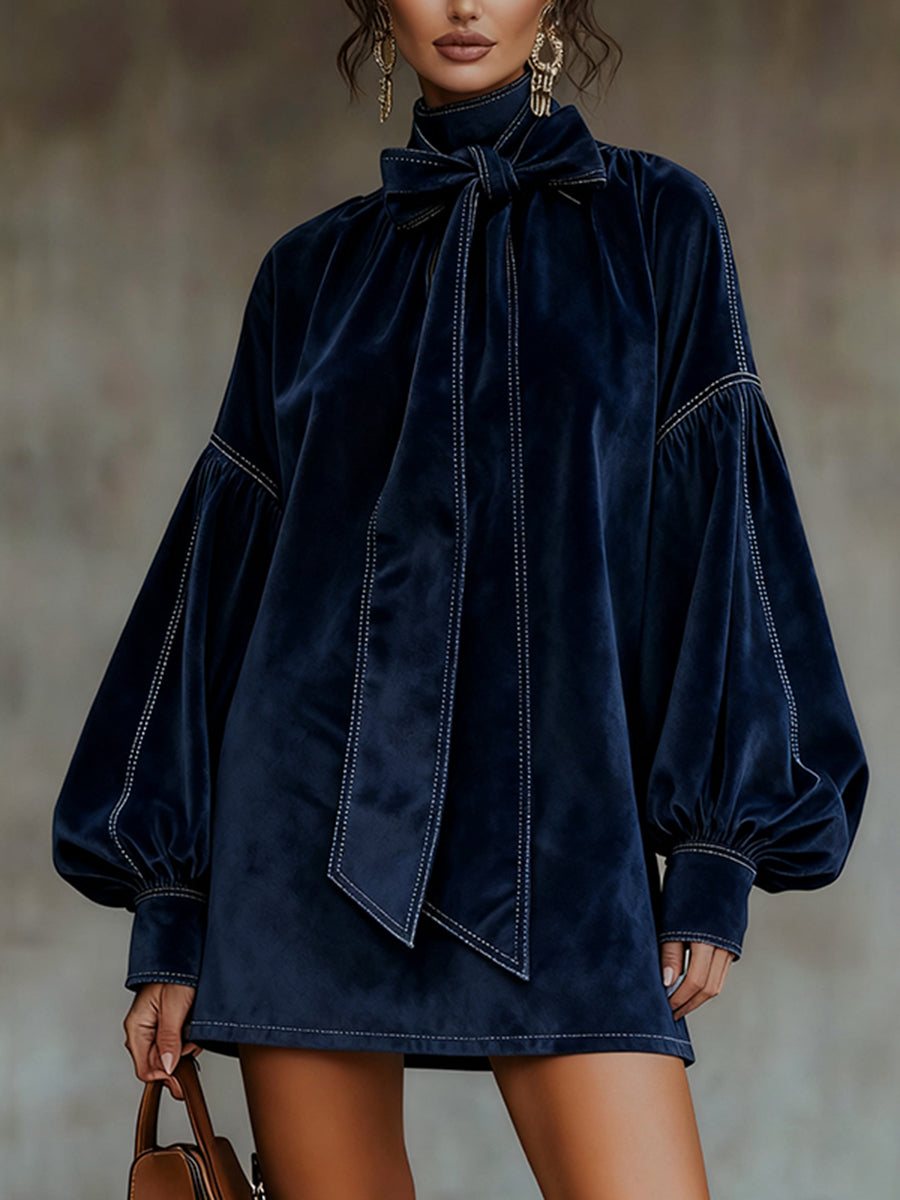 sheenchic Daily Navy Blue High Collar Lantern Sleeve Long Sleeve Bow Tie Elegant Velvet Mini Dresses