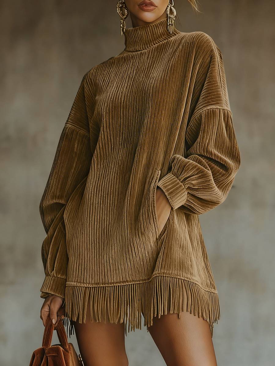 sheenchic Daily Brown High Collar Lantern Sleeve Long Sleeve Strappy Vintage Pocket Corduroy Mini Dresses