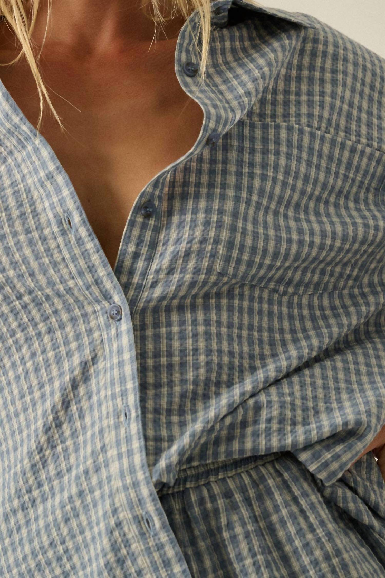 Promesa - Plaid Textured Seersucker Oversize Button-up Pocket Shirt
