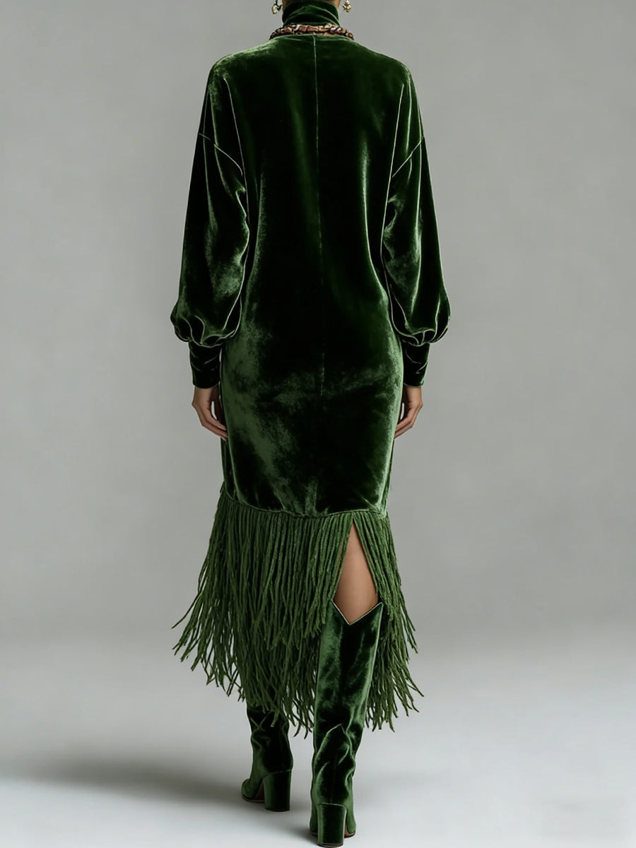 sheenchic Semi Formal Emerald Green High Collar Long Sleeve Strappy Elegant Pocket Velvet Maxi Dresses