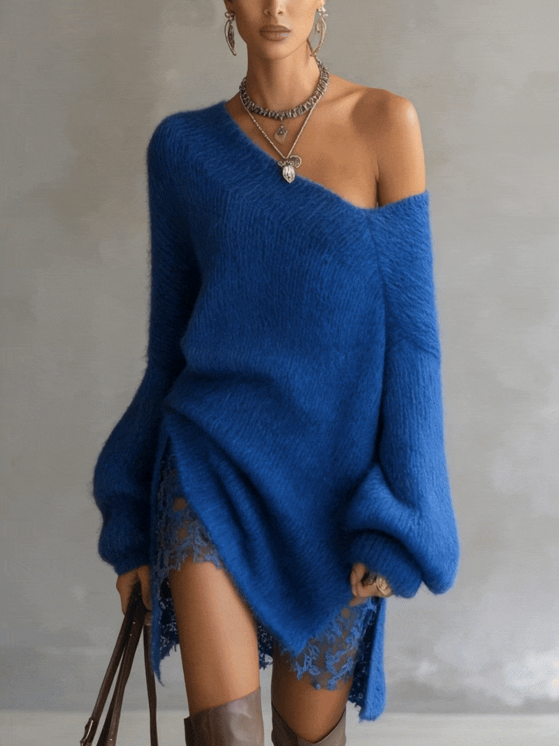 Blue Off?Shoulder Mohair Sweater Dress With Lace Hem