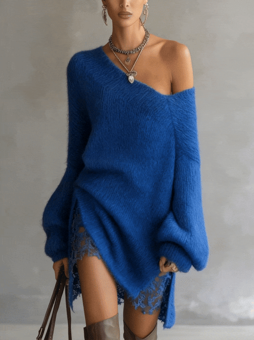 Blue Off?Shoulder Mohair Sweater Dress With Lace Hem