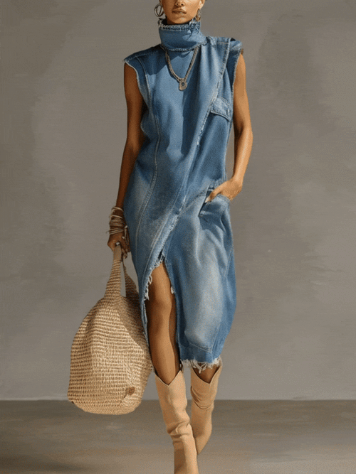 Blue Washed Denim Sleeveless High Neck Frayed Dress
