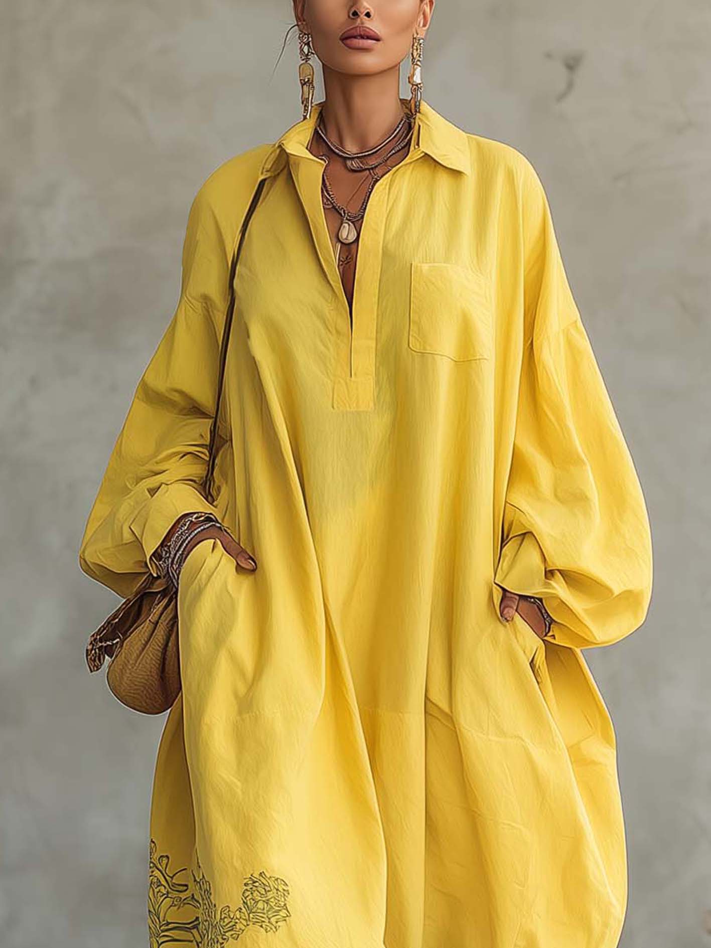 Yellow Cotton Linen Maxi Shirt Dress With Vintage Embroidery