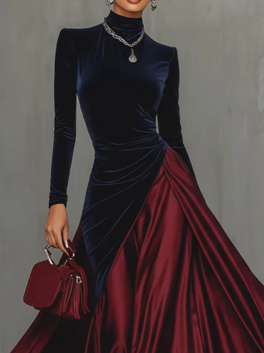 Party Red Colorblock High Collar Long Sleeve Contrast Vintage Velvet Maxi Dresses