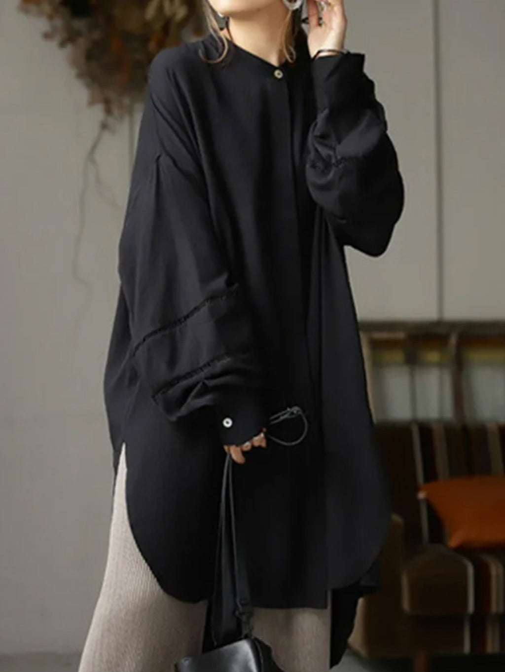 Mock Neck Lantern Sleeve Split Hem Shirt Dress