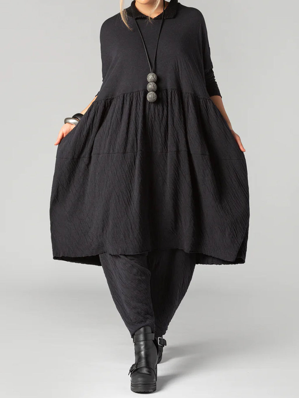 Casual Textured Plain Doll Collar Long Sleeve Midi Dress