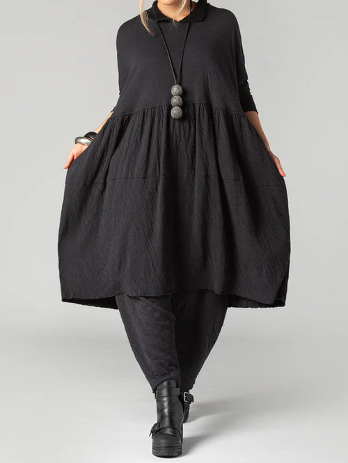 Casual Textured Plain Doll Collar Long Sleeve Midi Dress